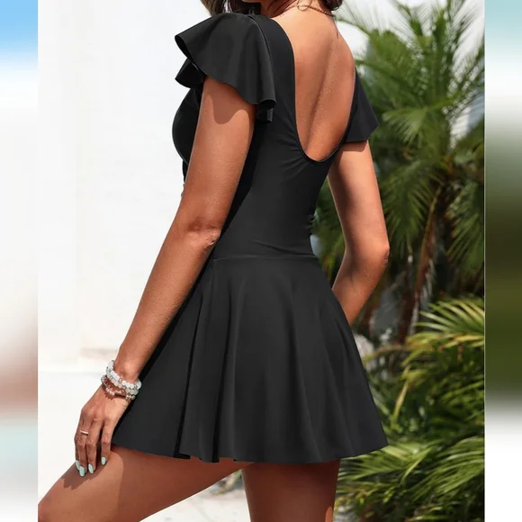 AQUA EVE Elegant Black Ruffle Sleeve Swimdress - Picture 5 of 7